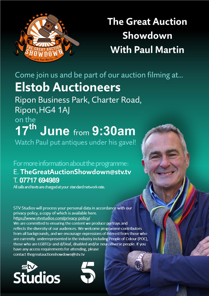 Come along to Elstob Auctioneers on the 17th June from 9:30am and see how Paul's items get on at auction! Simply turn up on the day. For more information you can get in touch with the team. E. TheGreatAuctionShowdown@stv.tv T. 07717 694989