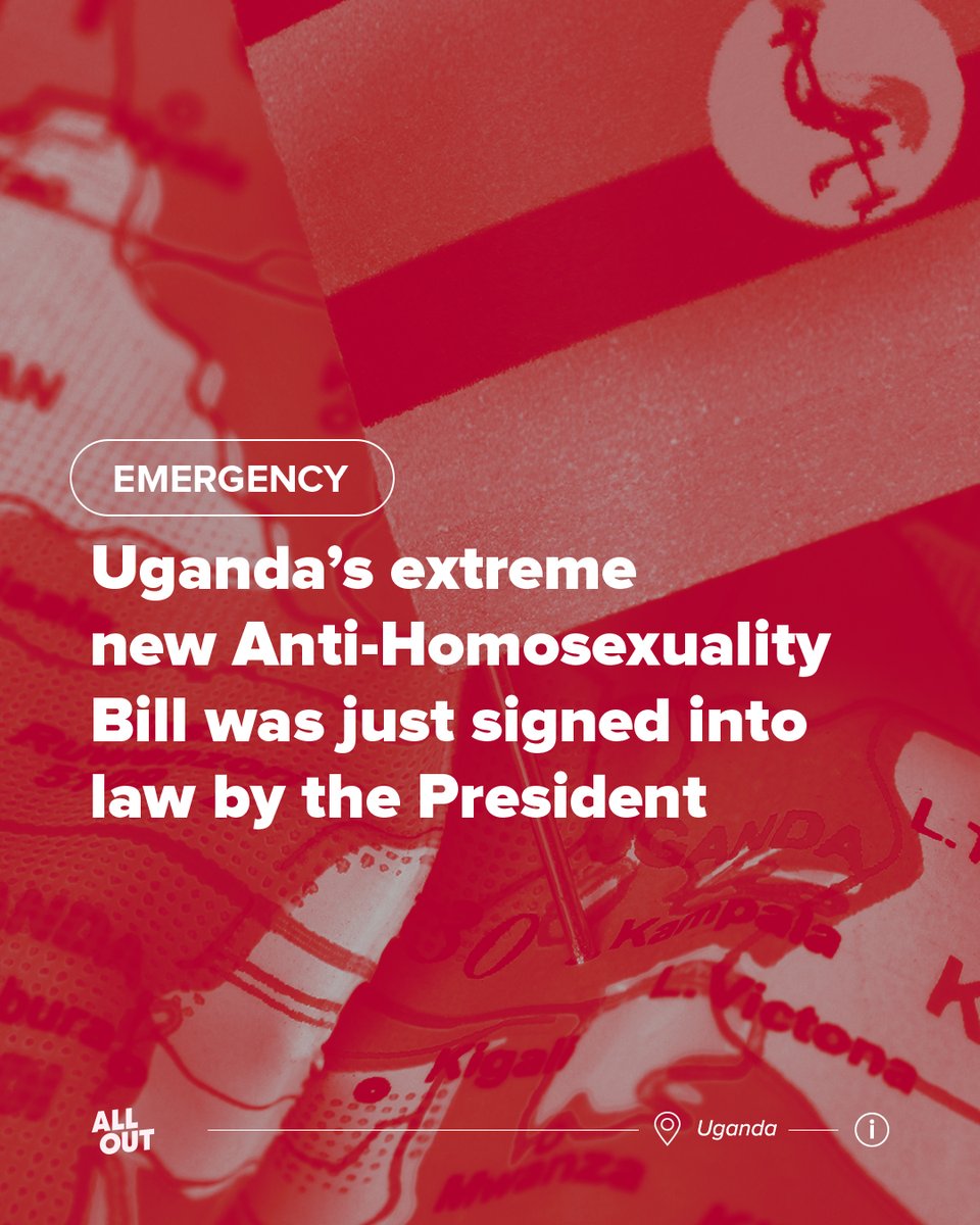 AllOut's tweet photo. 🚨Uganda Anti-LGBT+ Bill signed by the President.

The new law criminalizes any LGBT+ activism and introduces the death penalty for “aggravated homosexuality”. 

Donate to stand in solidarity with LGBT+ Ugandans and provide the safety they urgently require https://t.co/ylxC5QZxWA https://t.co/VJ0a6acJlG