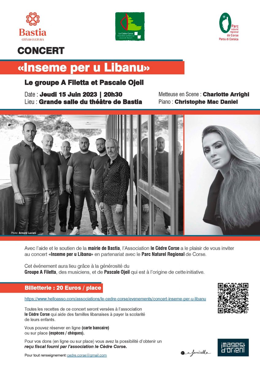 𝗔 𝗡𝗘 𝗣𝗔𝗦 𝗠𝗔𝗡𝗤𝗨𝗘𝗥 😍

Le groupe <a href="/A_FILETTA/">A FILETTA</a> et Pascale Ojeil, chanteront pour une bonne cause lors d'un concert « Inseme per u Libanu » qui aura lieu le 15 Juin à la grande salle du théâtre de Bastia.