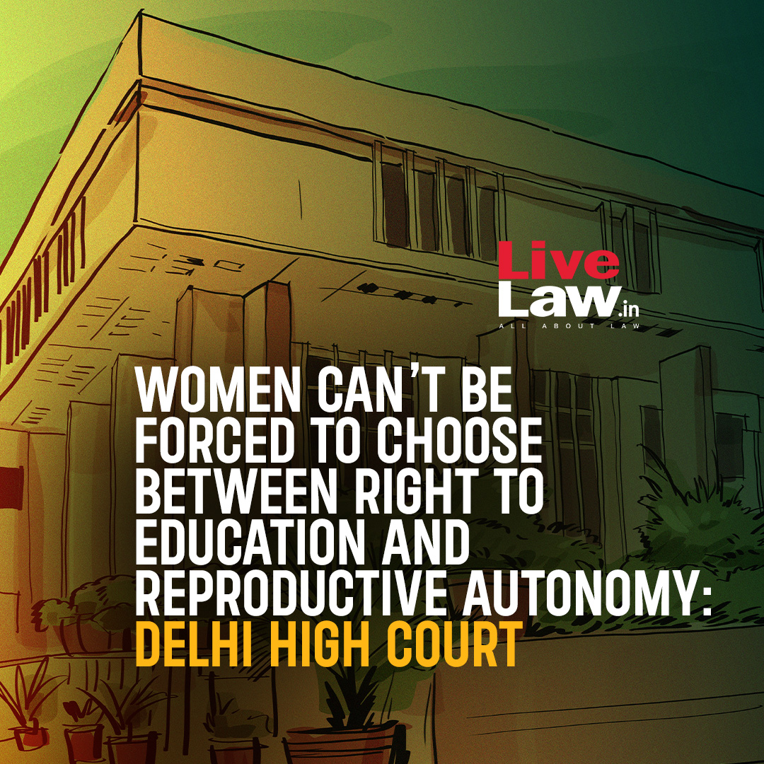 LiveLawIndia's tweet photo. Observing that women cannot be forced to choose between their right to education and right to exercise reproductive autonomy, the Delhi High Court has granted relief to a female candidate seeking relaxation of her attendance for completing Master of Education (MEd) course after having been denied maternity leave.
Read more: https://t.co/eymtzEovAR
#DelhiHighCourt  #MaternalLeave
