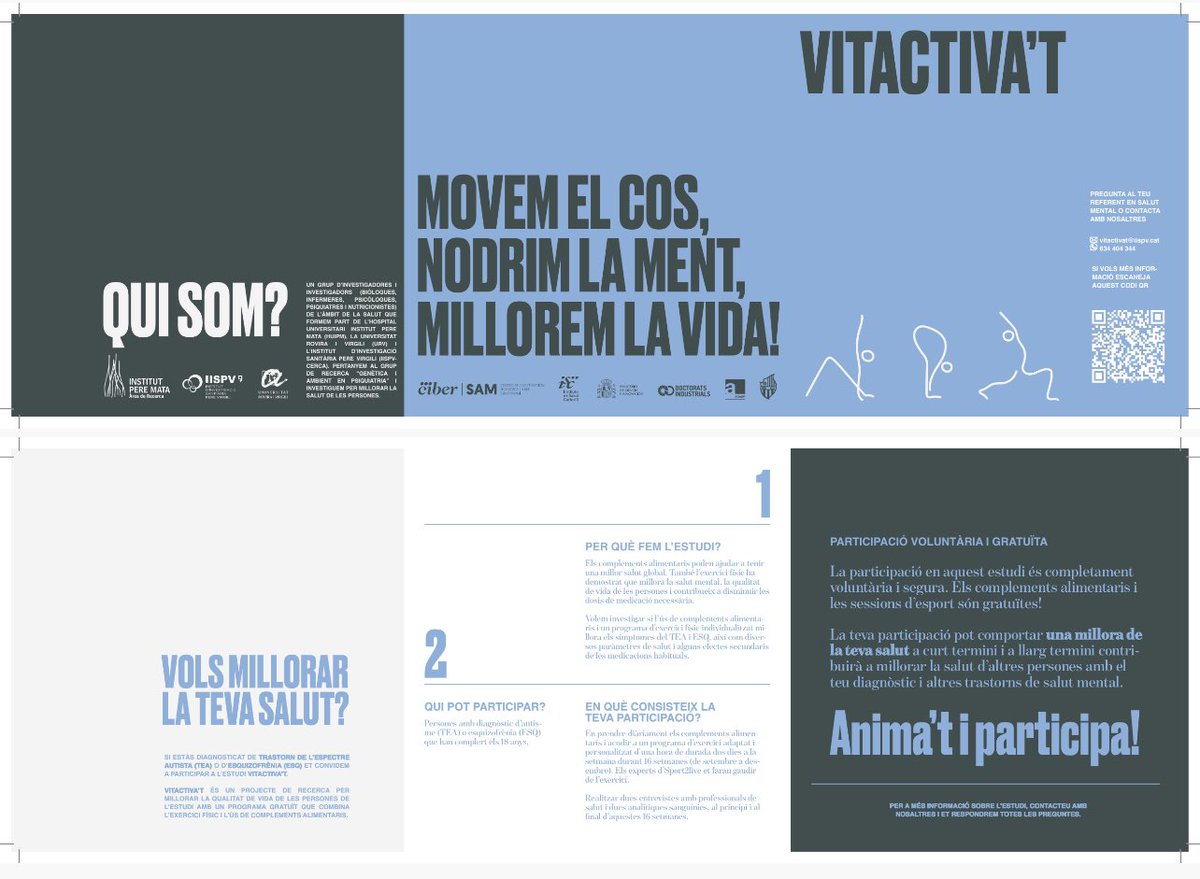 Tens un diagnòstic d’autisme o esquizofrènia? Informa’t i participa en el projecte VITACTIVA’T. Investigarem si els complements nutricèutics i l’exercici físic milloren la salut física i mental