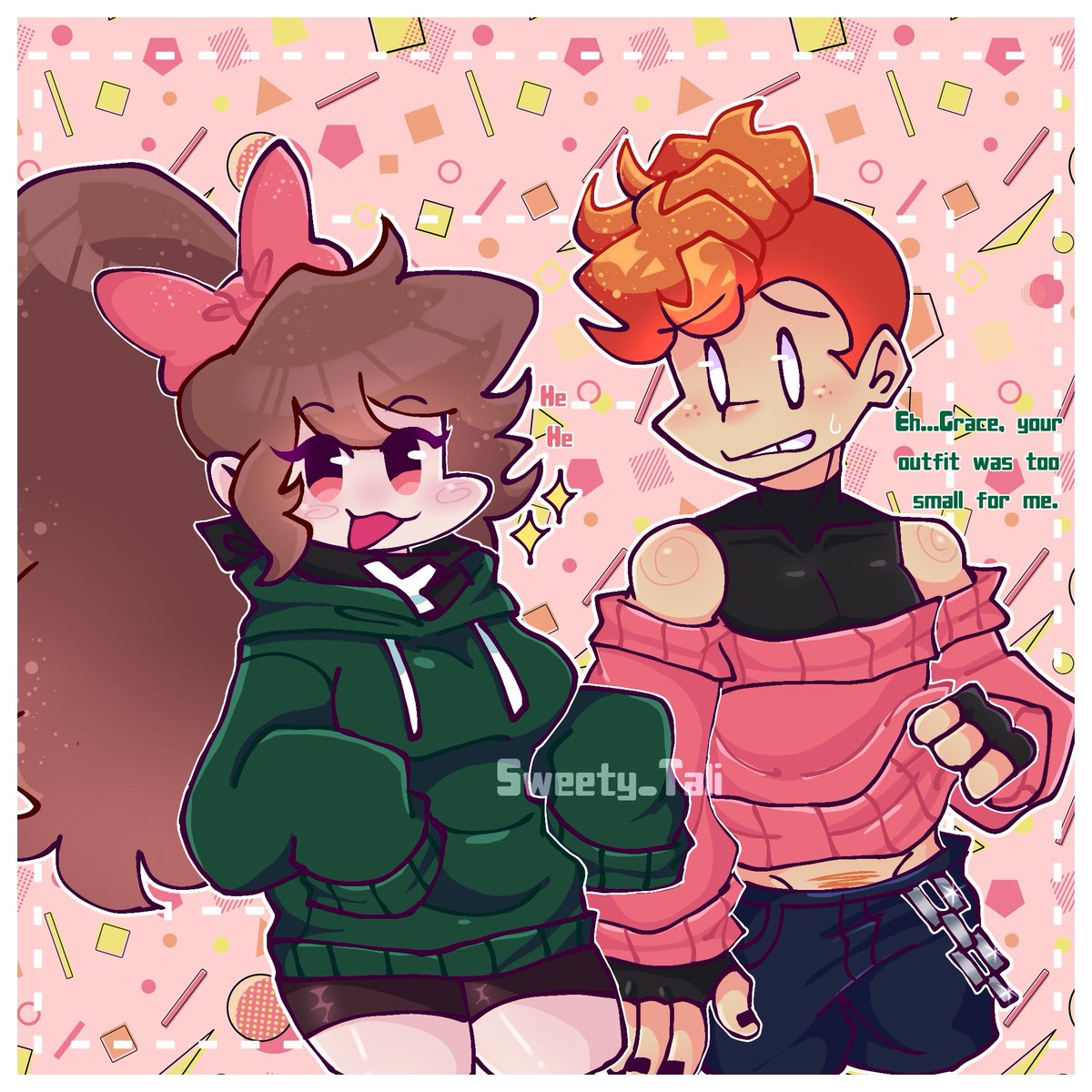 Besties✨💖💕

hehe Grace Asked pico if they could change clothes lmao!!I thought of an au that pico and grace they are Best childhood friends along with Benjamim.✨💖💕
#fnf
#fnfsoft 
#fnfau
