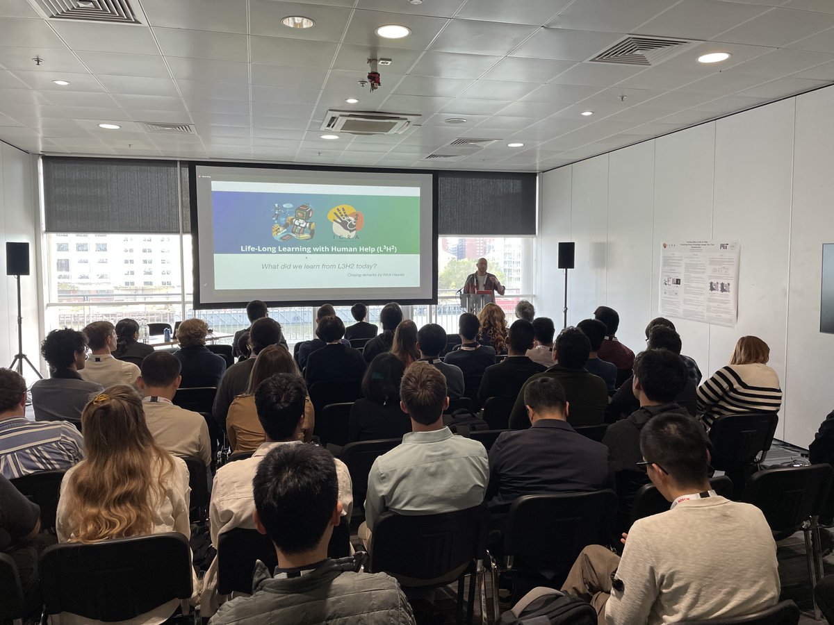 ChrisPek_'s tweet photo. To finish the great day @ieee_ras_icra, we have Nick Hawes (Oxford University) to provide us with closing remarks on the progress of Life-Long Learning with Human Help (#L3H2). Check out Nick's work on intelligent autonomous robots: https://t.co/IQfffiN4fW https://t.co/CKCT6NQvdK