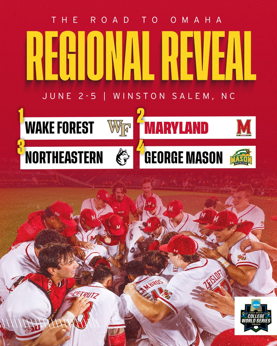 The #RoadToOmaha Begins...🐢🏆

The Terps are headed to the Winston Salem Regional and will face Northeastern on Friday, June 2nd!!

📝go.umd.edu/42iD7e9 | #DirtyTerps