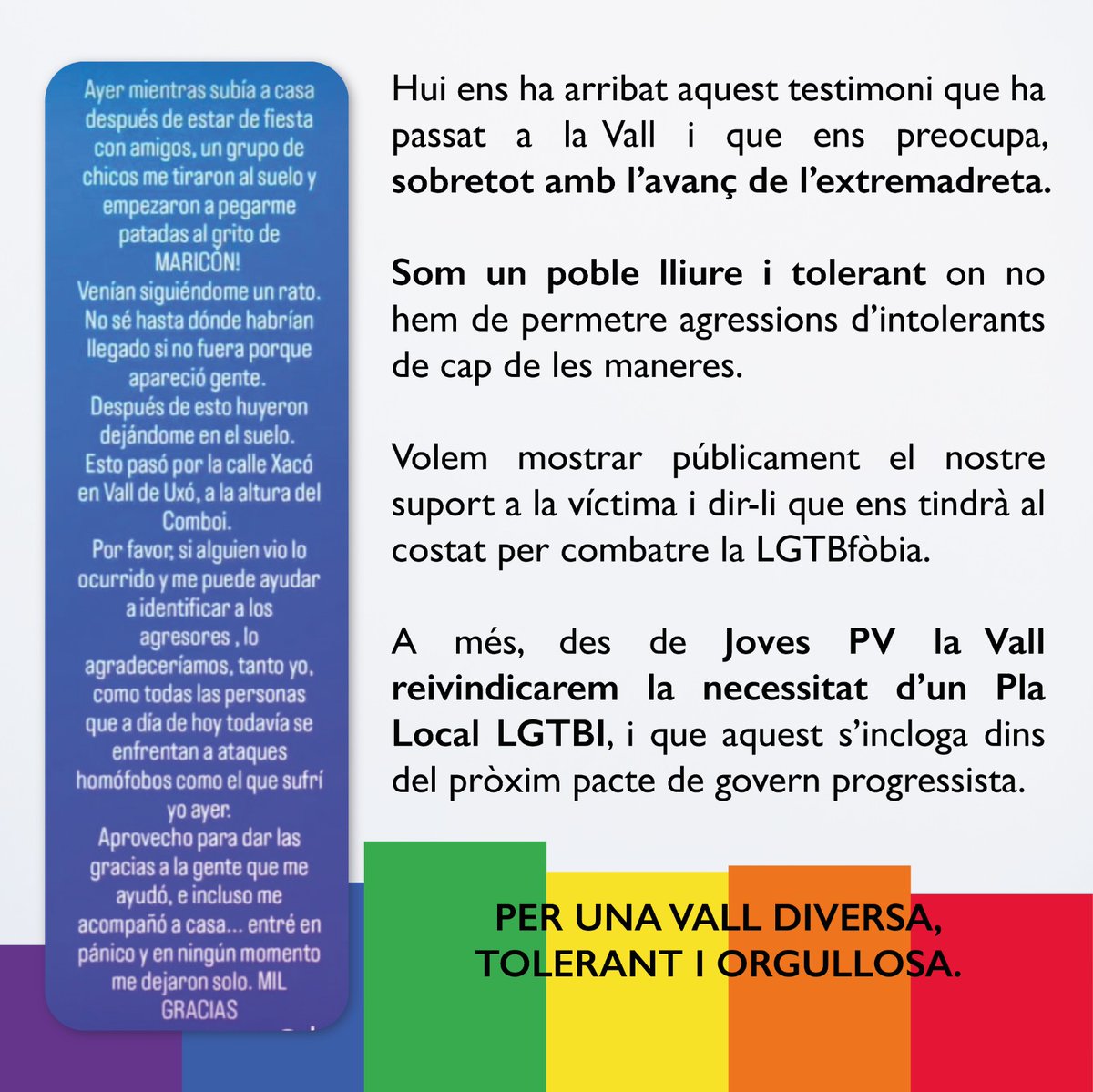 Des de Joves PV la Vall comdemnem l'agressió lgtbifòba que va ocorrer anit a la nostra localitat

#PROULGTBIFÒBIA

✊🏳️‍🌈