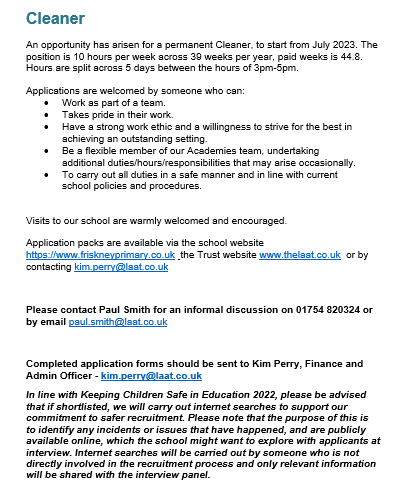 Cleaning Vacancy: Please see attached or visit friskneyprimary.co.uk/vacancies2/275…