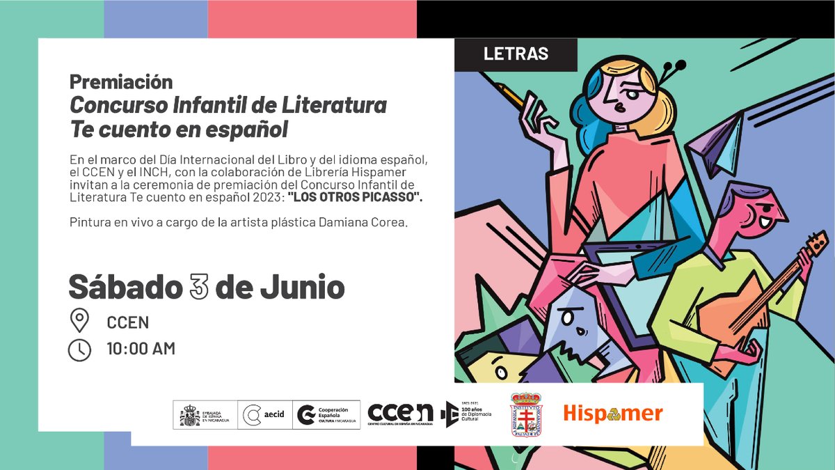 📢Nuestro Concurso Infantil de Literatura Te Cuento en Español 2023: 'Los otros Picasso' llega a su final. 👧🏽Acompañanos este sábado 3 de junio a conocer a los ganadores. 🎨Tendremos una demostración de pintura en vivo. 📌La entrada es GRATUITA 👉🏽 bit.ly/3oJIWnf