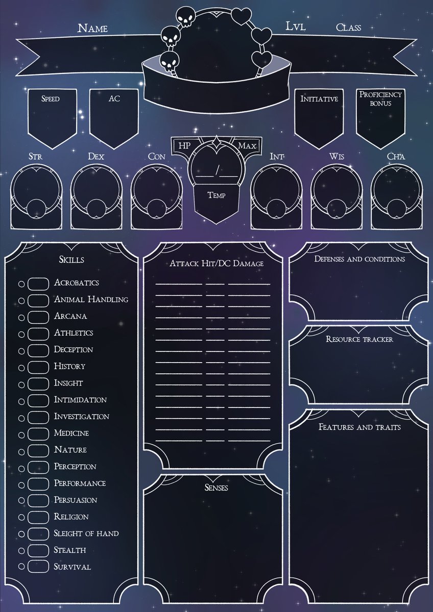 Almost finishing the Starry eyes character sheet!  The pack will include:
🌖Printable version (for both white and transparent)
🌒Fillable pdf's (for all three versions)