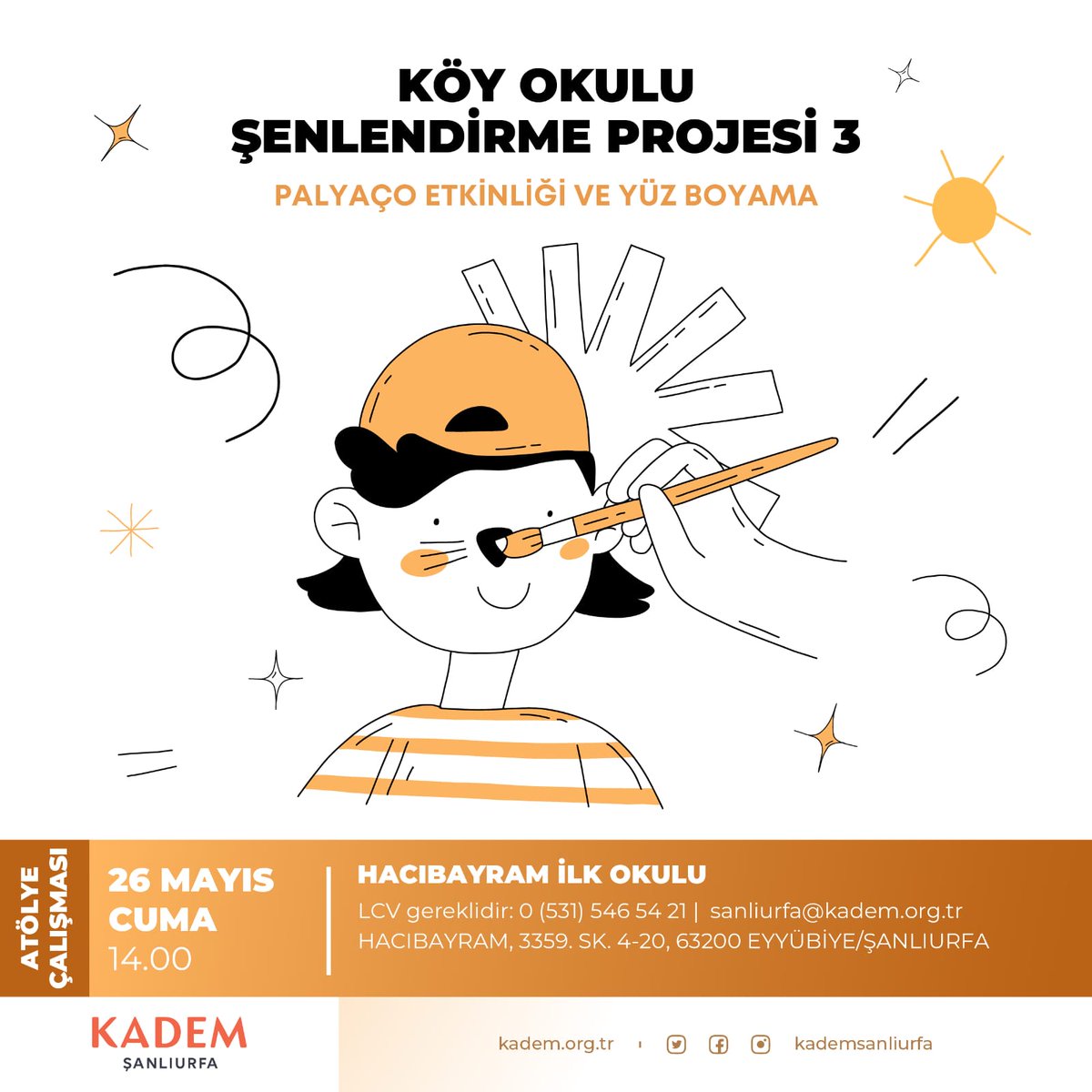 Köy okulu şenlendirme projemizin 3. Atölyesi için seni bekliyoruz 🤩
Katılmak istersen bize ulaşabilirsin ✨

📅26 Mayıs Cuma Günü 

🕑 14.00

📍 Hacıbayram ilkokulu

☎ 0531 546 54 21

<a href="/KADEMUrfa/">KADEM URFA</a>