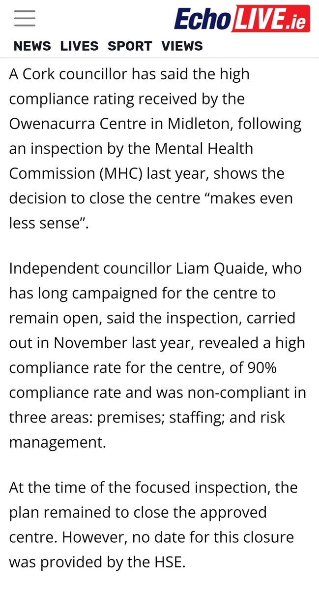In a health system beset with problems the Owenacurra Centre stands out as an exceptionally good service that has brought stability &amp; integration to the lives of people who might otherwise be living in precarious or limiting circumstances.

Please <a href="/BernardGloster/">Bernard Gloster</a> don't close it🙏