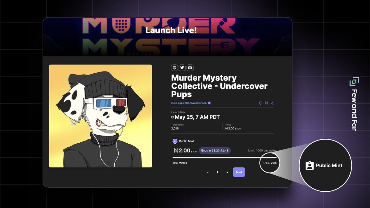 Few and Far Web3 & NFT Platform 🏝️ (@fewandfarnft) on Twitter photo GM #NEAR
Happy #MemorialDay! The public mint for <a href="/playmmc/">The Murder Mystery Collective | SOLD OUT</a> is almost sold out! 🎉
Mint an Undercover Pup to play the first-ever learn-to-earn game 🐕🔎
Mint now 👉 fewfar.com/launchpad/murd… GM #NEAR
Happy #MemorialDay! The public mint for <a href="/playmmc/">The Murder Mystery Collective | SOLD OUT</a> is almost sold out! 🎉
Mint an Undercover Pup to play the first-ever learn-to-earn game 🐕🔎
Mint now 👉 fewfar.com/launchpad/murd…