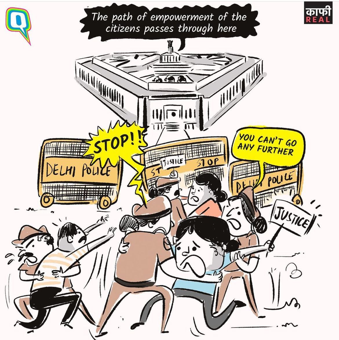 QuintNeon's tweet photo. For our wrestlers, the road to the Olympics wasn't as tough as the one to Parliament. Here's a #KaafiReal cartoon on the #WrestlersProtest by @aroop_mishra as their cries continue to go unheard by the walls of our new Parliament, and by those who unveiled it. #MyParliamentMyPride https://t.co/yvojAvOo0y