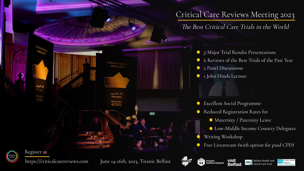 Just 2 weeks to #CCR23 Critical Care Reviews Meeting 2023 The Best Critical Care Trials in the World ➡️ 7 major trial results / 6 major trial reviews / 2 panel discussions / 1 John Hinds Lecture ➡️ In person or online ➡️ Register at criticalcarereviews.com/meetings/ccr23…