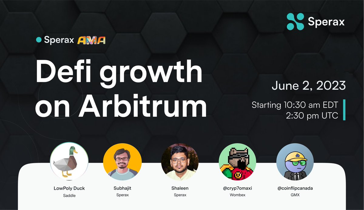 SperaxUSD's tweet photo. What are the perspectives of DeFi on @arbitrum?

Let's discuss it together with Sperax friends and partners:
@GMX_IO, @WombexFinance, and @saddlefinance

Set your Twitter Spaces reminder: June 2, 10:30 am EDT (2:30 pm UTC) https://t.co/EYkgLEvcur