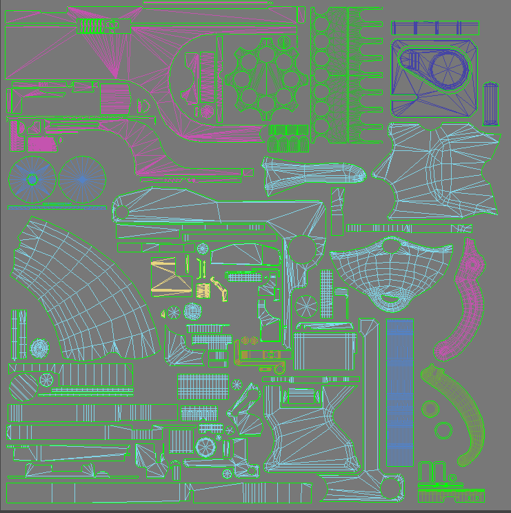 Plasticityで作ったガンモデルを可能な限りリメッシュ施してUV展開。とんでもなく骨が折れた・・

複雑に入り組んだ一括出力は如何に優秀なPlasticityでも向かないらしい。死ぬ・・・