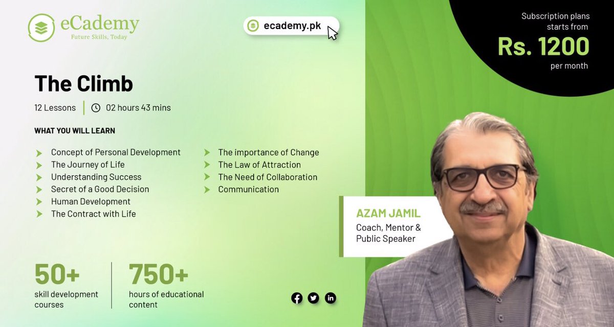 Dear Parents:
Tach these skills to your children. A MUST. 

These two soft skills courses by <a href="/AzamJamil53/">Azam Jamil اعظم</a> on ECademy.pk will teach you everything about 

1. How to overcome challenges 
2. Decision making
3. Leadership 
4. Communication skills
5. Job skills
6.