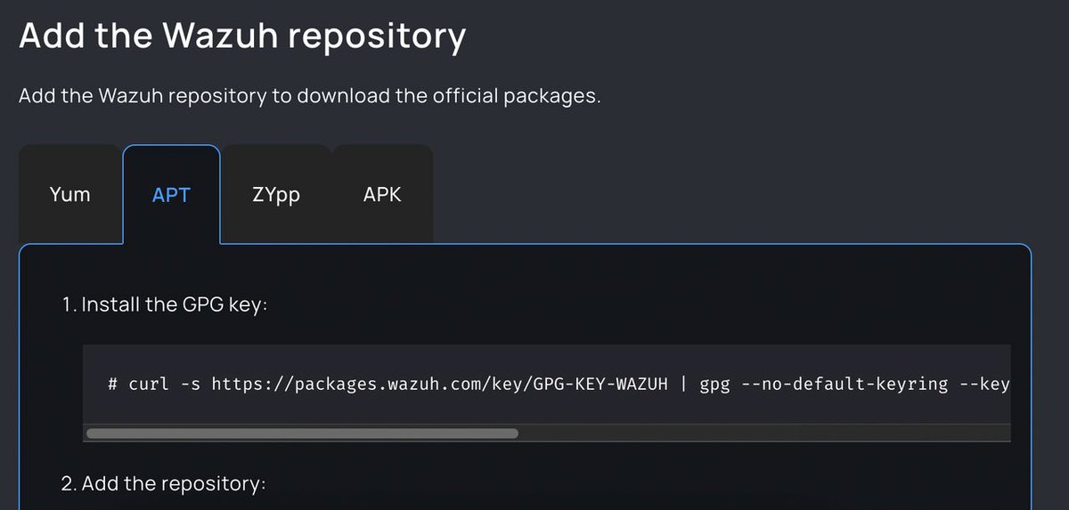 @wazuh You should be forwarded to this url: documentation.wazuh.com/current/instal…

Here you need to select your package manager

Hint: 
Amazon Linux / CentOS → Yum
Debian-based (e.g. ubuntu/kali) → APT
Container (Alpine) → APK