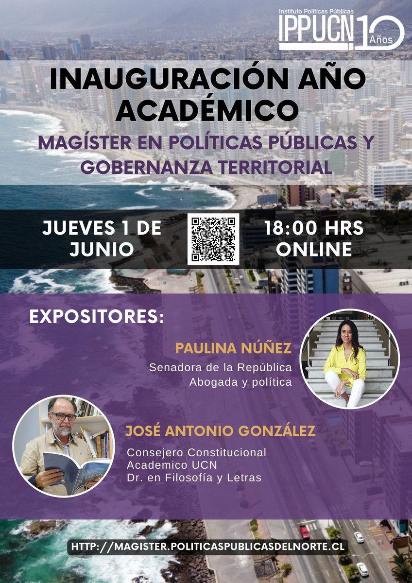ippnorte's tweet photo. Les extendemos la invitación a participar de la Inauguración del Año Académico del Magíster PPGT para sedes Coquimbo y Antofagasta a realizarse el Jueves 1 de Junio a las 18:00 a través de Zoom (enlace en QR). 📢👏

Inscripciones en el siguiente link 👇👇
https://t.co/XKSFbTFVrr https://t.co/bRzXB9M3ld