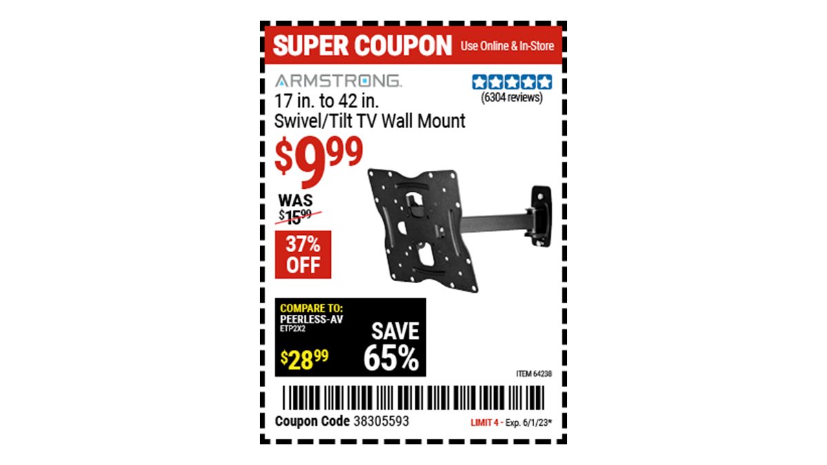 Buy the ARMSTRONG 17 In. To 42 In. Swivel/Tilt TV Wall Mount (Item 64238) for $9.99 with coupon code 38305593, valid through June 1, 2023. See the coupon for details: go.harborfreight.com/coupons/2023/0…