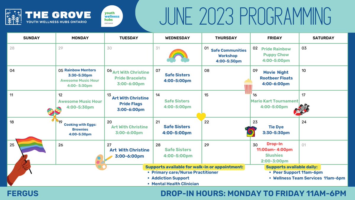 June is the gateway to summer and pride! Come kickoff the summer and celebrate pride at The Grove! Join us for all of our amazing programming in June at all of The Grove Hub locations. 🔆✨💙🏳️‍🌈

#Guelph #WellingtonCounty #Pride #Summer