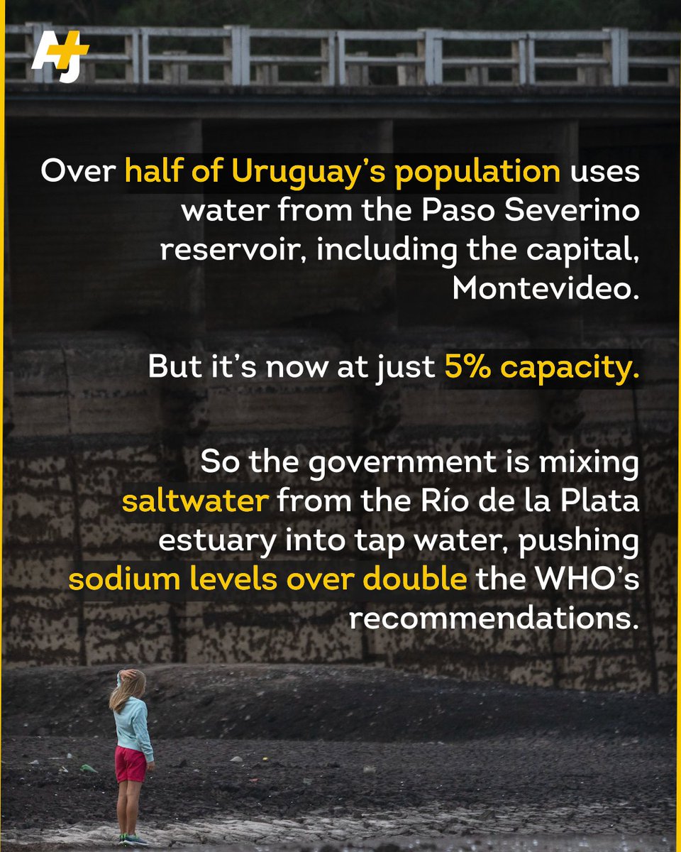 ajplus's tweet image. The capital of Uruguay is just days away from running out of water as the country faces its worst water deficit in 74 years.

To stop shortages, drinking water is being mixed with saltwater — sparking health concerns.