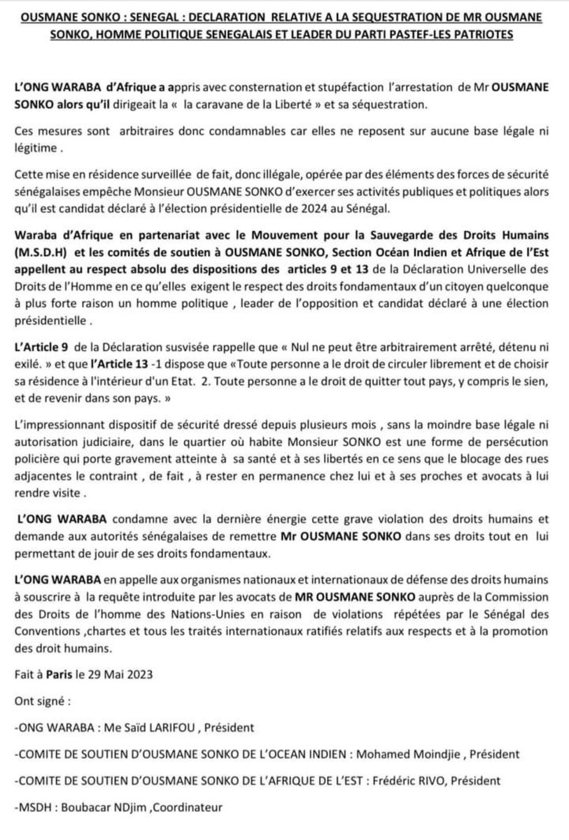 L’ONG WARABA qui dénonce dans ce communiqué les violations des droits humains de Ousmane Sonko. #FreeSenegal .