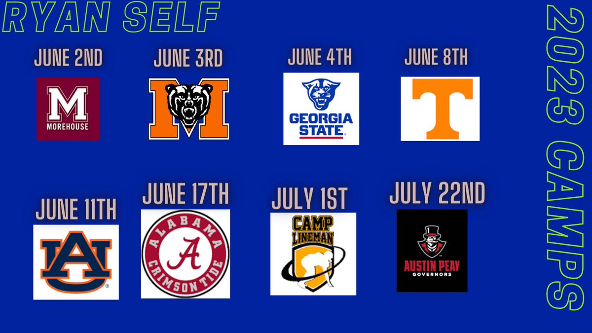 Head's up to everyone these are the camps I'll be attending this year #timetowork #HUNT 
@CNix86 @RustyMansell_ @MichaelWoosley @GradickSports @247Sports @Coach_Dyer15 @CoachStrick1 @Champions_Elite @Drew_Cronic @GeorgiaStateFB @Vol_Football @AuburnFootball @AlabamaFTBL