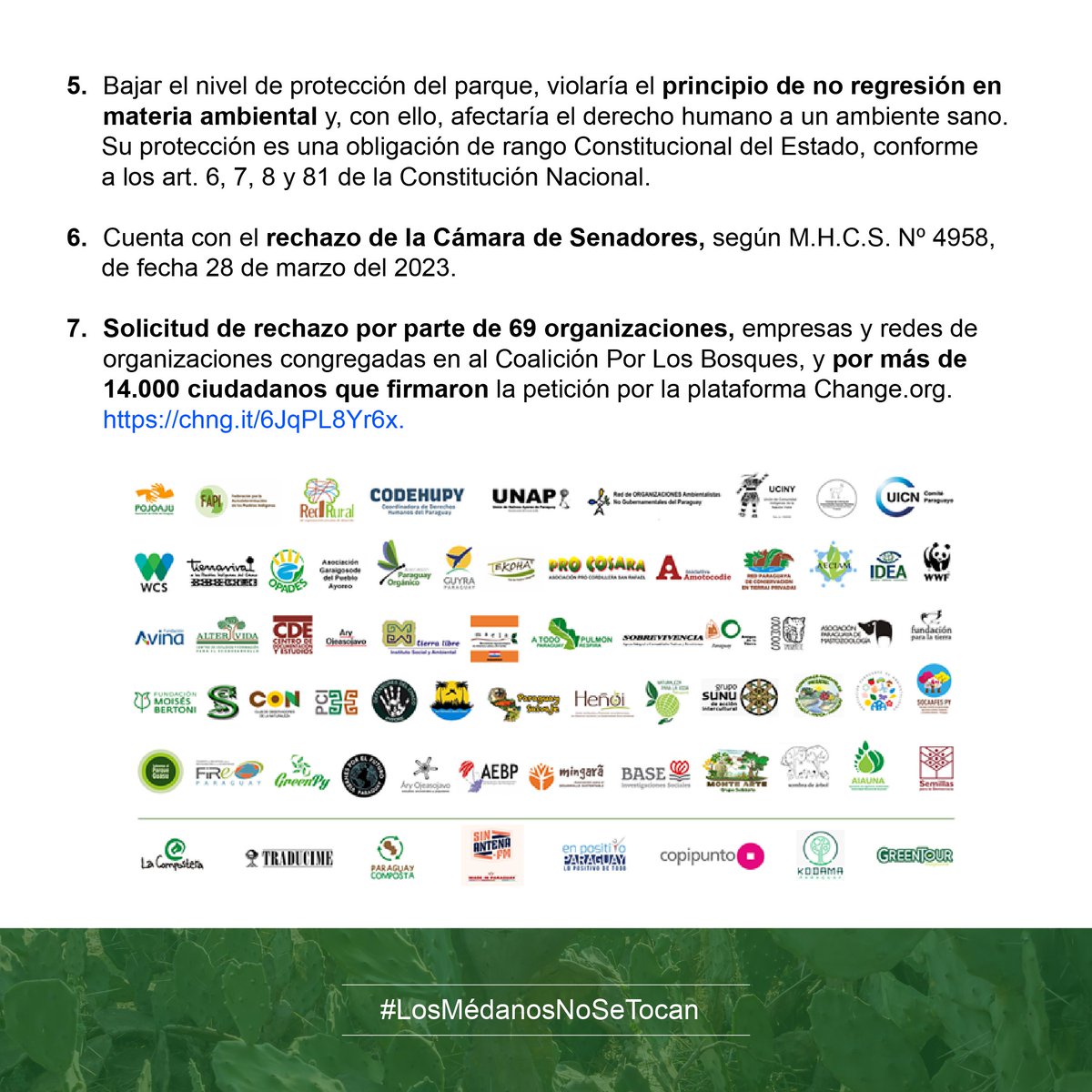 📢 Comunicado a la opinión pública

Proteger el Parque Nacional Médanos del Chaco es vital. 

Pedimos a <a href="/DiputadosPy/">Cámara de Diputados</a> rechazar proyecto de ley para explotar hidrocarburos en esta área protegida. 

#LosMédanosNoSeTocan