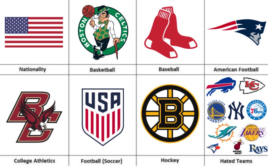 My sports fandoms:

Patriots #ForeverNE 
Celtics #BleedGreen 
Red Sox ⚾️
#NHLBruins