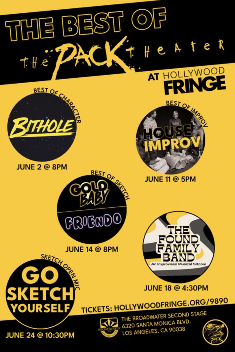 The BEST of the <a href="/PackTheater/">The Pack Theater</a> - for YOUR consideration, 30 minutes of our new, of our best on June 14th. And you, fair ticket holder, get a full HOUR OF COMEDY as we team up with <a href="/goldbabysketch/">Goldbaby</a> !