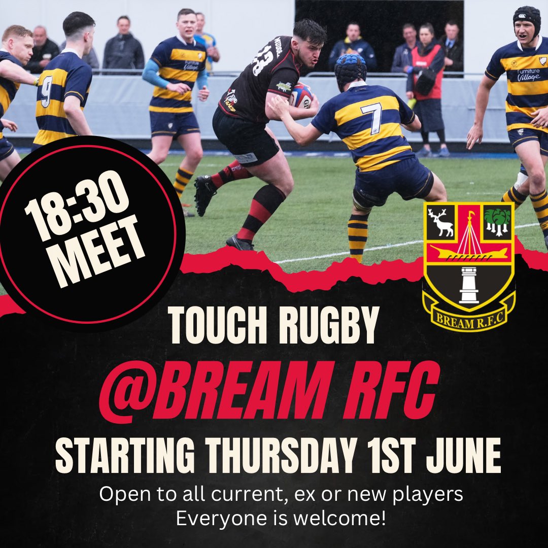 🏉 Casual Touch Rugby Starting This Thursday 1st June @ Bream RFC.

🔴 Open to all current, ex and new players as well as players from other clubs wanting to get involved in some Joue at Stade de Bream before their clubs pre season kicks off. 

⚫️ 18:30 Meet for a prompt start.