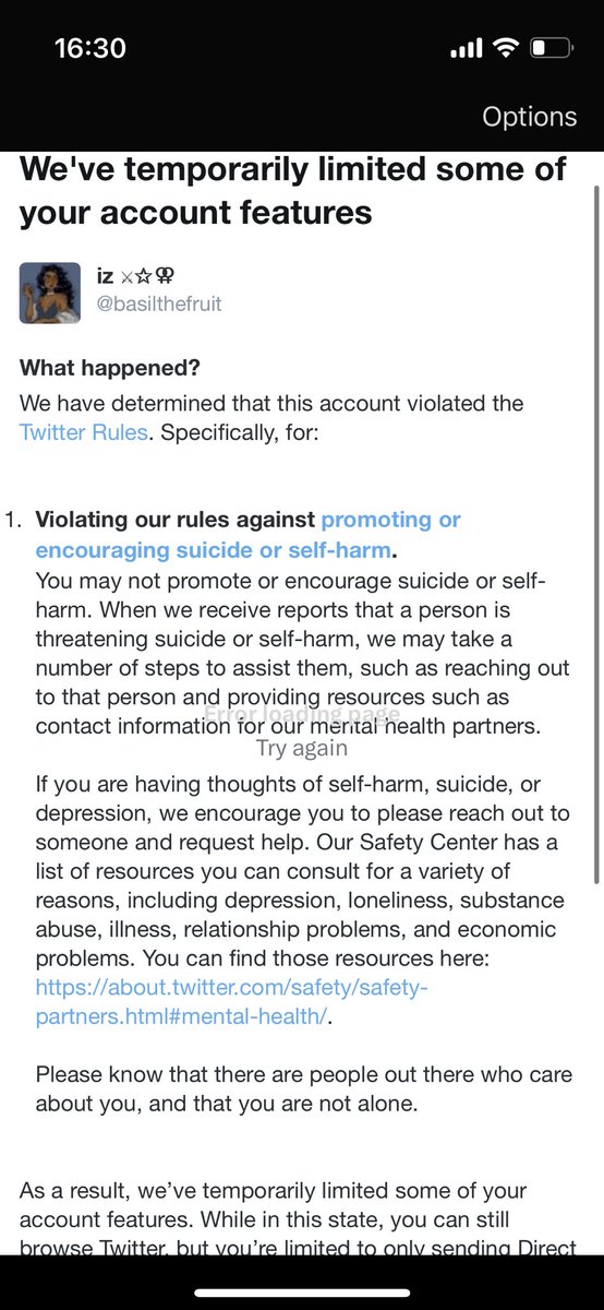 elsathefruit's tweet photo. hiii i know i haven’t touched this account in awhile but i’ve been restricted on my other account and want to bring this issue to light 

i made this tweet under a tweet talking about thumbnails on netflix… only to receive this error message… (1/4) https://t.co/XczRZxzI6Z