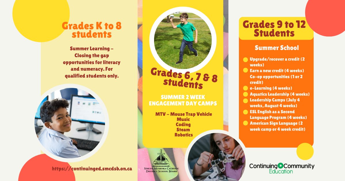 SMCDSB's tweet photo. 🌞 Summer learning opportunities for students from grade K to 12 are here! 📚 Visit https://t.co/3IClx51nFX for details and registration. Don't miss out! #SMCDSB #SummerLearning https://t.co/TsR6Sx3oeJ