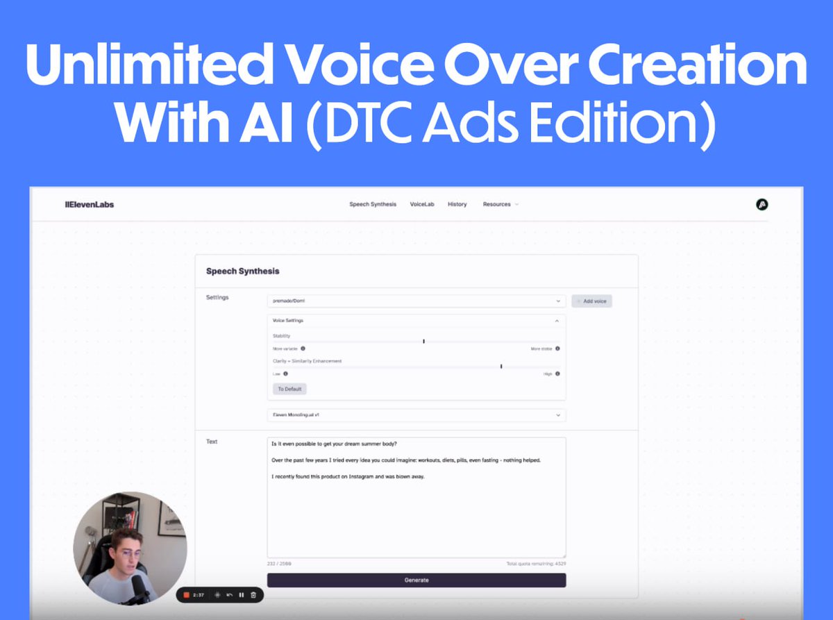 Every DTC brand should STOP creating voiceovers for creatives

You can create unlimited variations of voiceovers using AI, without creators

I found this one AI tool that can create voiceovers in 8+ languages in less than 15 seconds 

Like + Reply "Send" &amp; I'll DM. (Must follow)