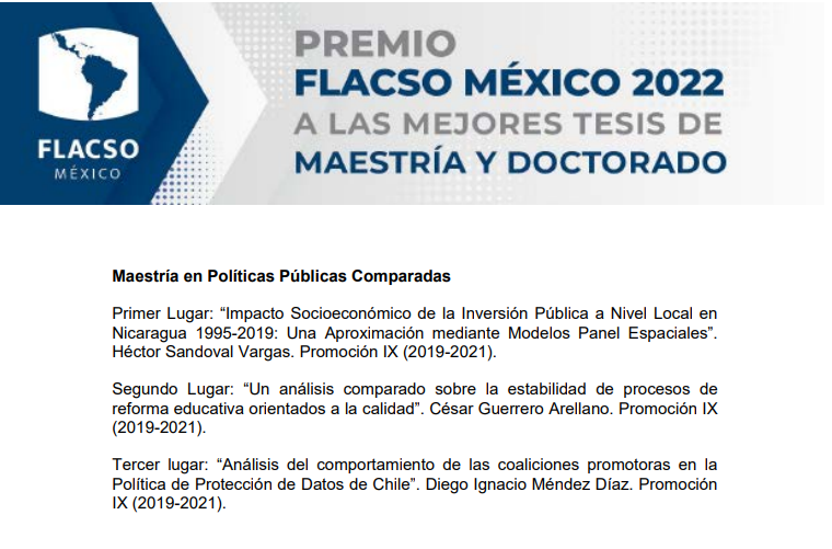 ¡Estoy muy contento de que mi tesis de maestría esté en este podio 🥈!: 

#Premio #FLACSOMéxico 2022 a las mejores #tesis de #maestría y #doctorado 

flacso.edu.mx/wp-content/upl…