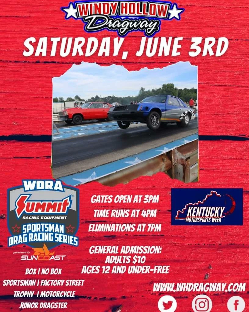 WHDragway's tweet photo. Windy Hollow Dragway is back in action this weekend. Join us on Friday and Saturday for the opening weekend of Kentucky Motorsports Week benefitting the Nicky Hayden Memorial Foundation! Also, note our new summer hours!
#WHD23|https://t.co/S8pKiLGWqy https://t.co/5gzIt6QcAQ