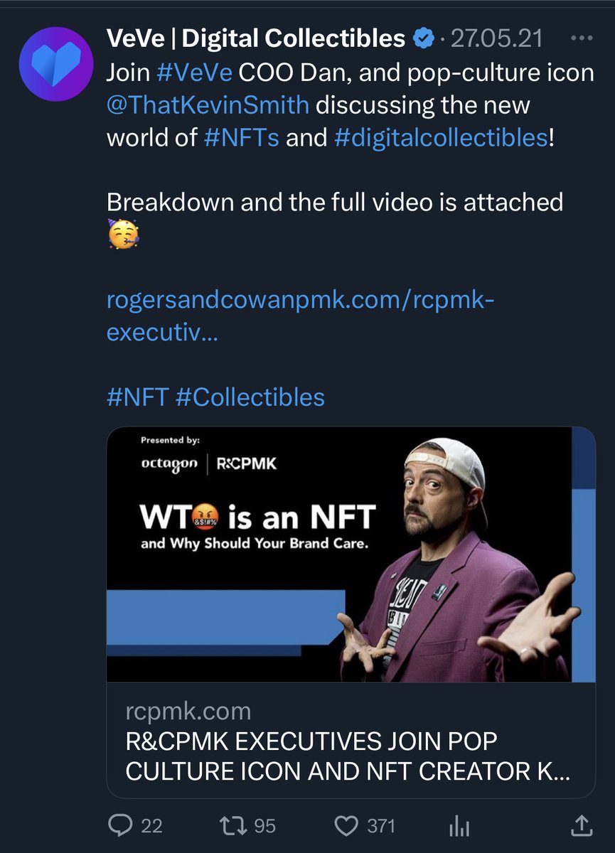 #VeVeHistory 32/x
When #VeVe tweeted about a panel discussing NFTs. @ThatKevinSmith was actually kind of a long intro. This is the only 'doing' of @randcpmk mentioned by VeVe I could find.
Full video:

rcpmk.com/rcpmk-executiv…