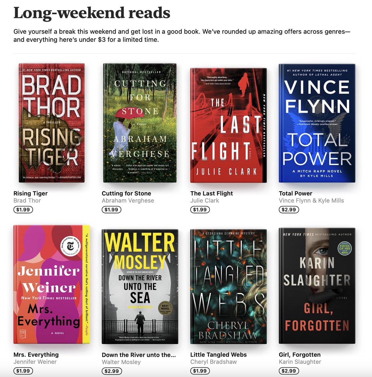 Get some great deals today on the Apple Books Store with their long weekend sale, which includes my book Little Tangled Webs. 
#BooksWorthReading #booktwt #books #ebooks #ebooksale #bradthor #vinceflynn #karinslaughter #waltermosley #jenniferweiner #abrahamverghese #julieclark