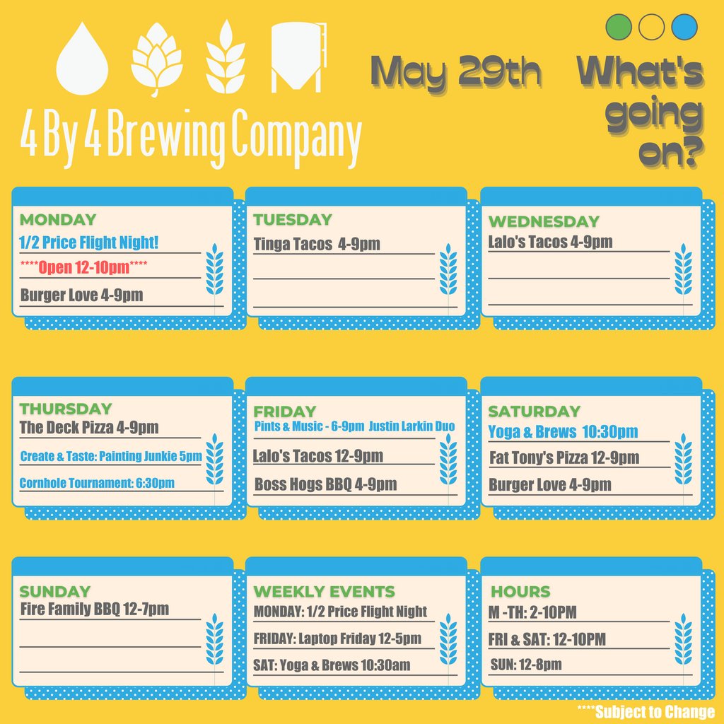 Here is what's going on at our FREMONT HILLS location this week!⁠

PS. We are open 12-10pm today!
⁠
#weeklyevents #flightnight #beertime #createandtaste #cornhole #seeyousoon #laptopfriday #pintsandmusic #yogaandbrews #4by4brewingco ⁠