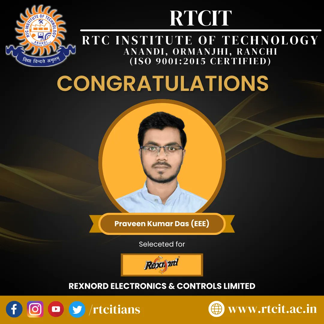 RTCITians's tweet photo. Congratulations to Praveen Kumar Das on their placement at REXNORD Electronics &amp; Controls Limited !
🌐: https://t.co/93INpLfAeH
#Placemet #campusplacements https://t.co/wbIhVEbE95