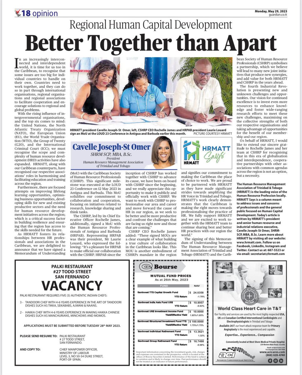HRMATT1's tweet image. HRMATT signed a Memorandum of Understanding (MOU) with the Caribbean Society of Human Resource Professionals (#CSHRP) in Antigua

In today&apos;s piece, HRMATT President Cavelle Joseph-St Omer outlines the various aspects of this MOU

e-paper.guardian.co.tt/infinity/artic…

#WeareHRMATT
#HRMATTSays