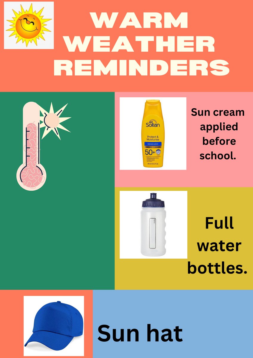 With the continued warm weather predicted, please make sure your child comes to school prepared for the heat.