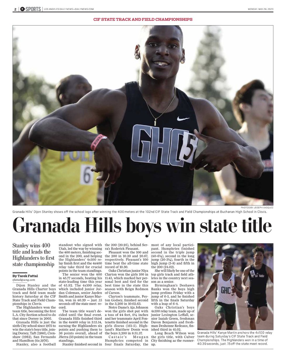 Monday’s ink for the CIF State track and field champs, Granada Hills.