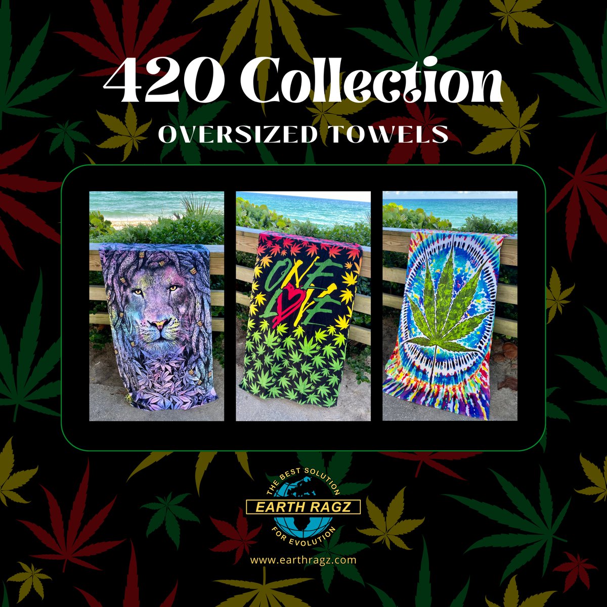 Our 420 Collection also features these three towels, available at earthragz.com!

#earthragz #weed #marijuana #cannabis #beachtowel #pooltowel #largetowel #towel #oversizedtowel #onelove #rastalion #tiedye