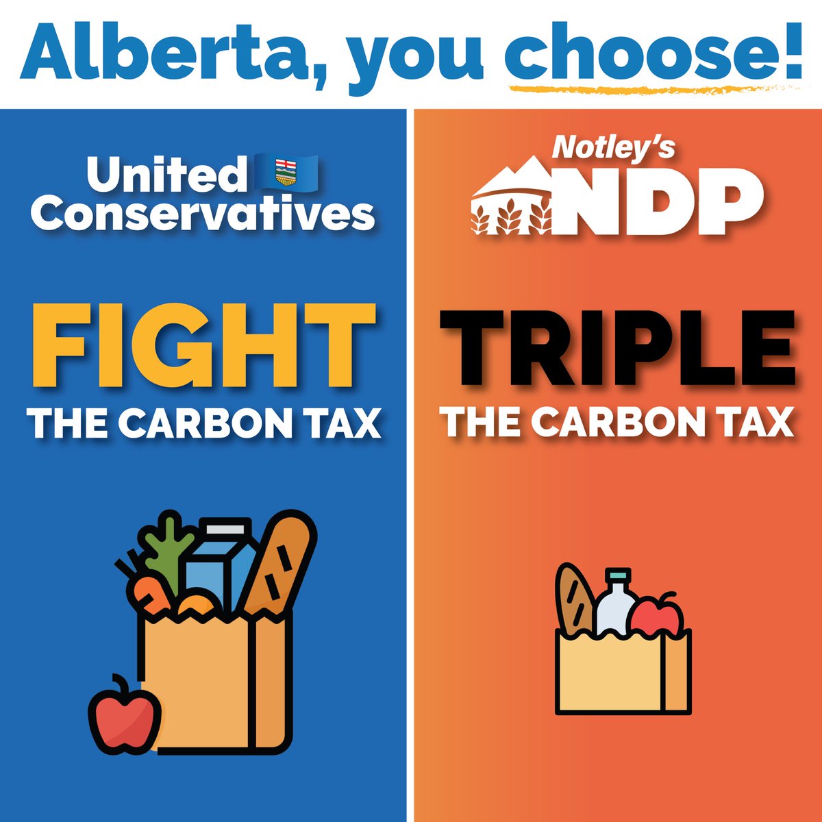 ABDanielleSmith's tweet photo. The NDP brought the carbon tax to Alberta and support TRIPLING it. This makes groceries, gasoline, and utilities more expensive for families. 

The UCP will continue to stand up for Alberta and fight the carbon tax. 

Today, vote for a more affordable future. Vote United Conservative! 🗳️ 

🕒 Polls open: 9am to 8pm
📍For your voting location visit: https://t.co/52QH2q9de6

#abpoli #abvotes #teamUCP