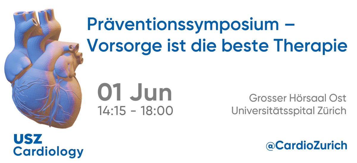 💙#CardioZurich lädt Sie herzlich ein zu unserem jährlichen Präventionssymposium am 01.06.2023📍@USZ_unispital ℹ️ Programm & Anmeldung: usz.ch/veranstaltung/… ⌛Anmeldeschluss: 30. Mai ⏩️ @CTECresearch @CotSwiss @RadiologieUSZ @sghcsscc @YoungDgk @UZH_Science @SwissCardio