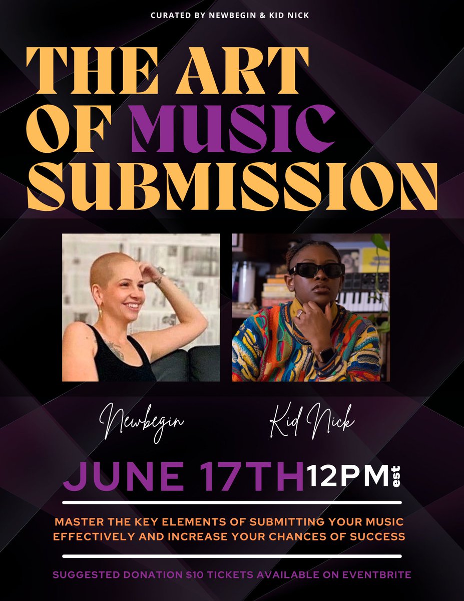 NewbeginMgmtLLC's tweet photo. SAVE THE DATE π
βοΈ
June 17th, 12PM (est)
The Art of Music Submission πΆβ¨
Limited spots available! Don't miss out !!
https://t.co/ClVGrYrpcN
#TheArtOfMusicSubmission #MusicProducers #Artist #Beats #Music #Eventbrite #KidNick #NMLLC https://t.co/4Zv1wh5bzB