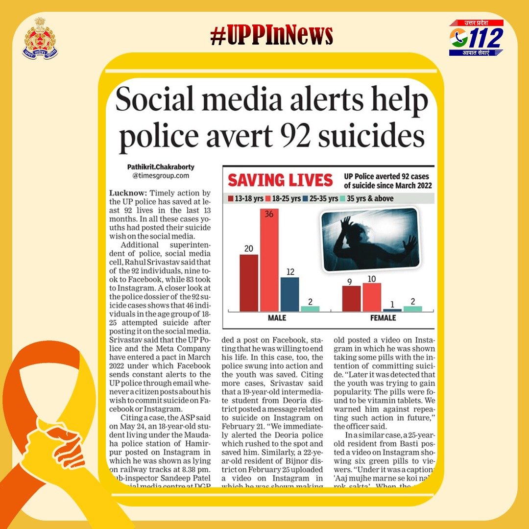 A 'Meta'verse of safety-

Collaborative efforts between #UPPolice & @Meta proved pivotal in tackling distressing situations, resulting in the prevention of 92 #suicide attempts in the past 13 months across the state. 

Please Dial 112 in any emergency!

#UPPCares
#SocialMedia