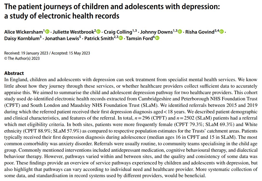 When I started my PhD, I was desperate for papers providing insight into the #CAMHS treatment pathway for #depression. With no clinical training, care pathways generally mystified me.

So, we wrote the paper that I always needed!

🔖#OpenAccess: doi.org/10.1007/s00787… (1/6)