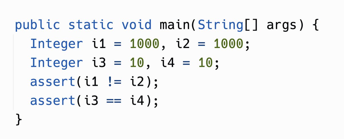 tonofcrates's tweet image. Monday Memory Mystery: guess why these assertions hold in Java. (Note that this behavior is *in the language spec*, not an implementation detail of the JVM.)